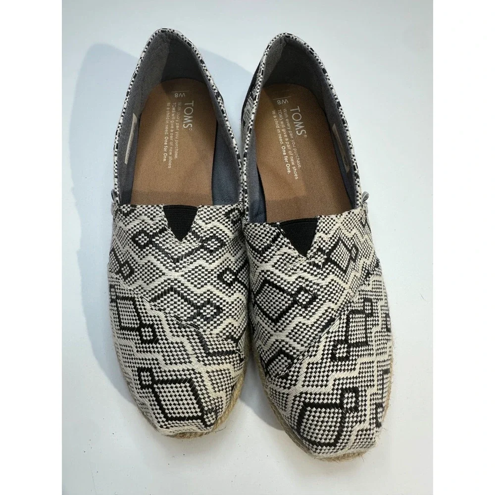 TOMS Womens Alpargata Woven Geometric Espadrille Flats Black White Size 8